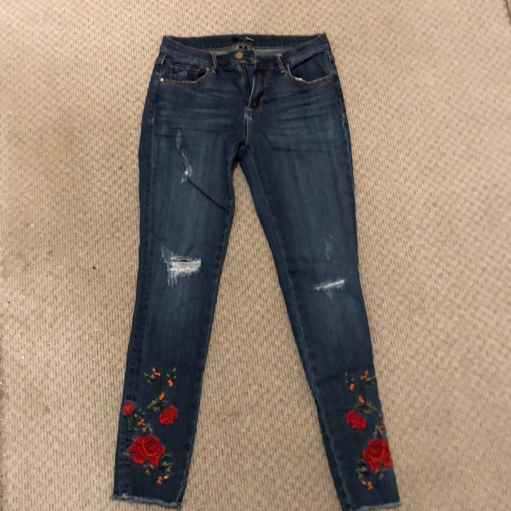 Aqua Skinny Jeans with flower embroidered detail